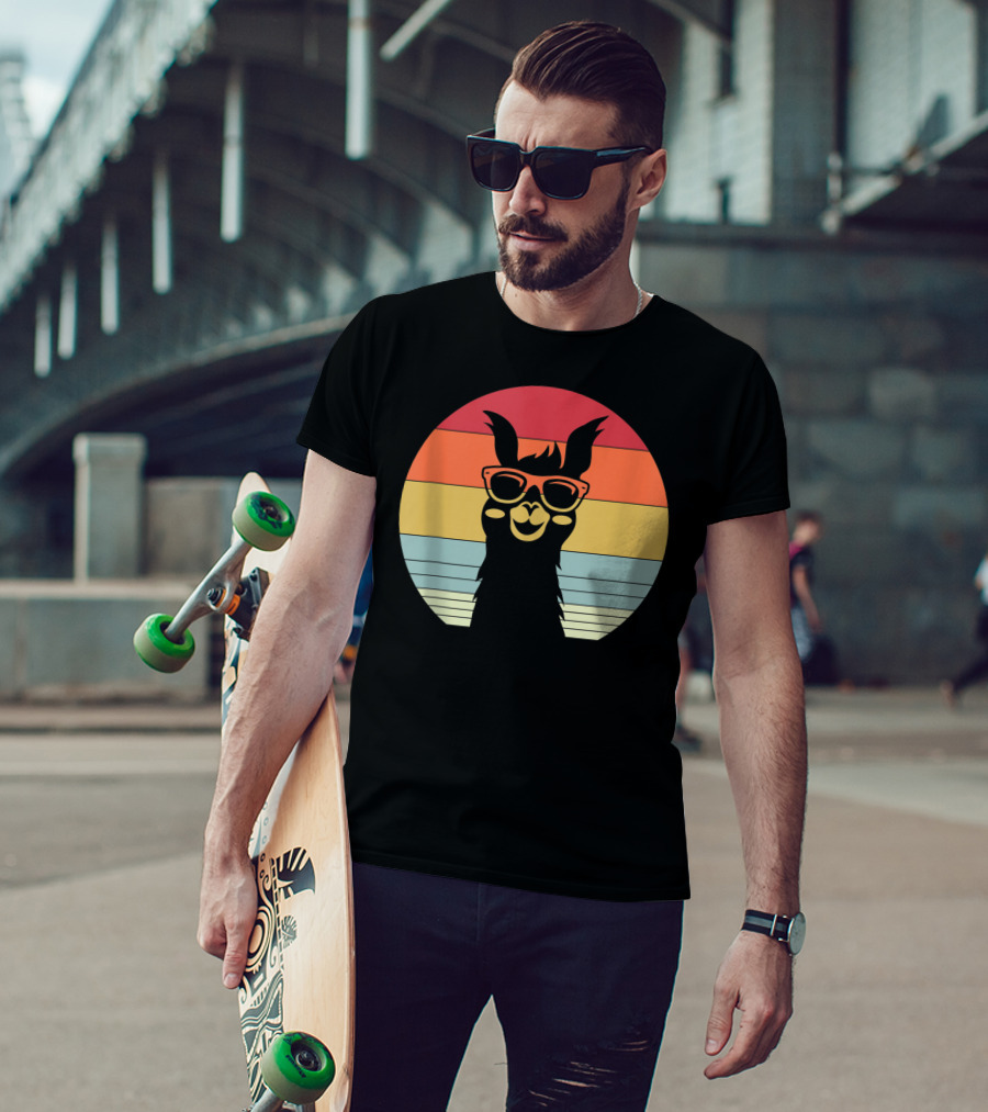 Retro Vintage Best Llama Dad Ever Father's Day Sunset Stripes T-Shirt