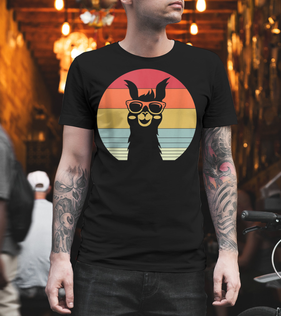 Retro Vintage Best Llama Dad Ever Father's Day Sunset Stripes T-Shirt