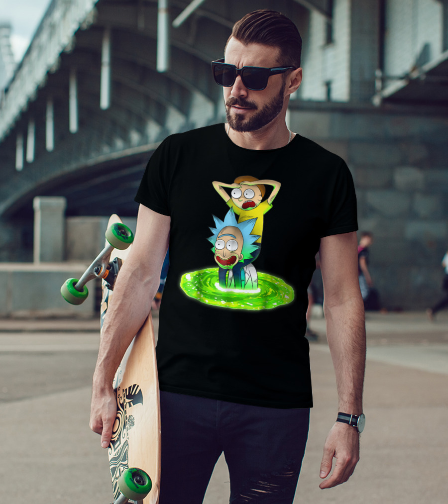 Rick And Morty Emerging From Green Portal Adventure T-Shirt