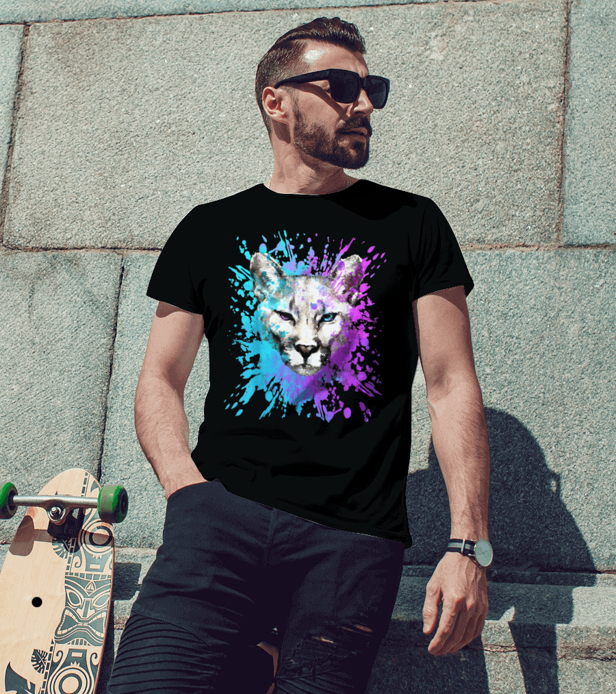 Watercolour Cougar Mountain Lion Artsy Splatter T-Shirt