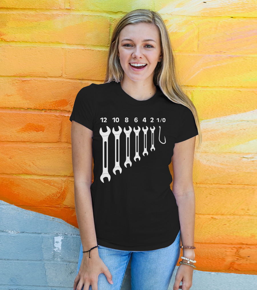 Mens Size 12 10 8 6 4 2 1/0 Wrenches And Fishing Hook Set Mechanic Tool T-Shirt