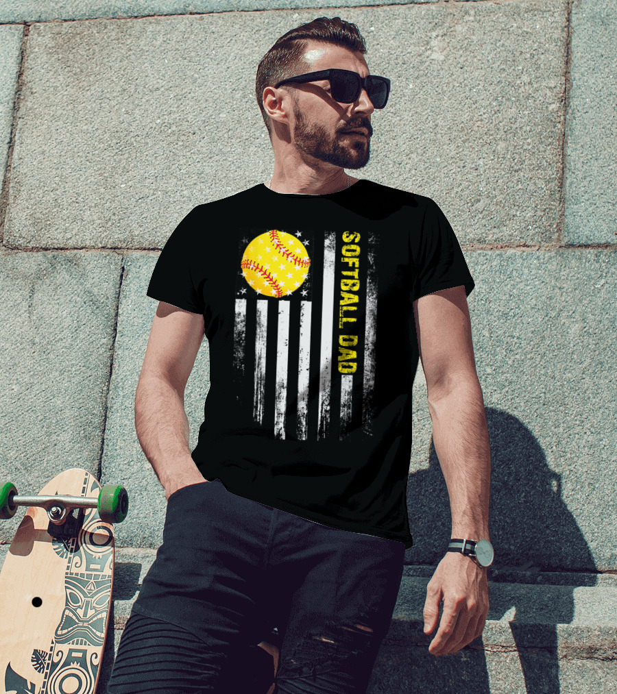 Softball Dad American Flag Father's Day T-Shirt