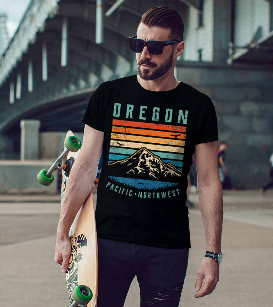 Oregon Pacific Northwest Vintage Portland Mountain Sunset Stripes T-Shirt