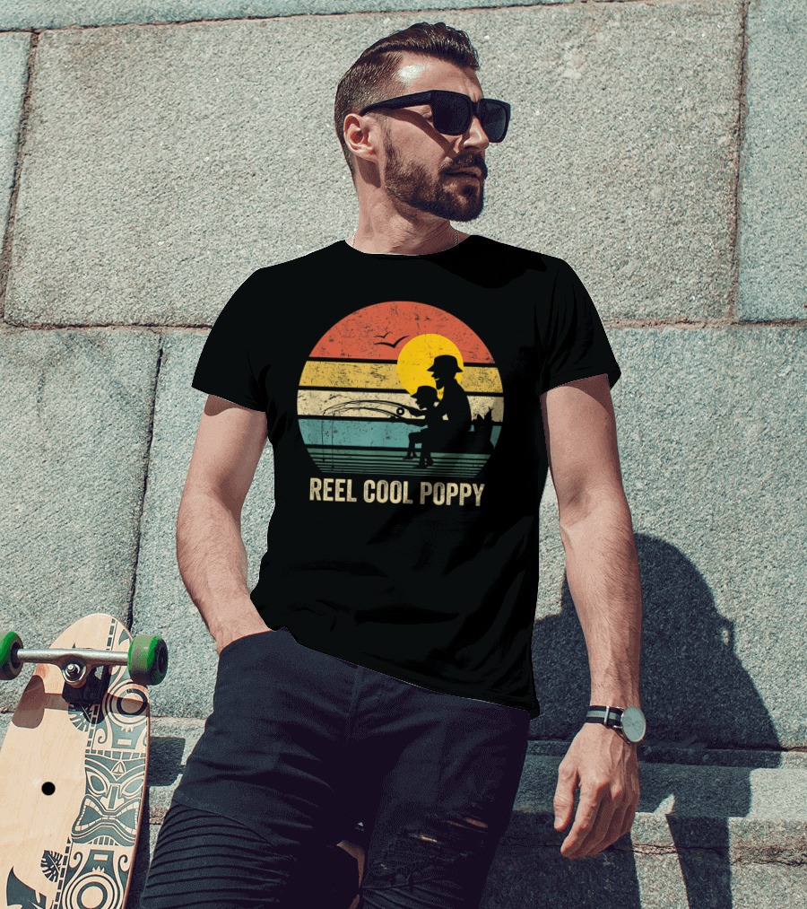 Reel Cool Poppy Vintage Fisherman Father's Retro Style Sun T-Shirt