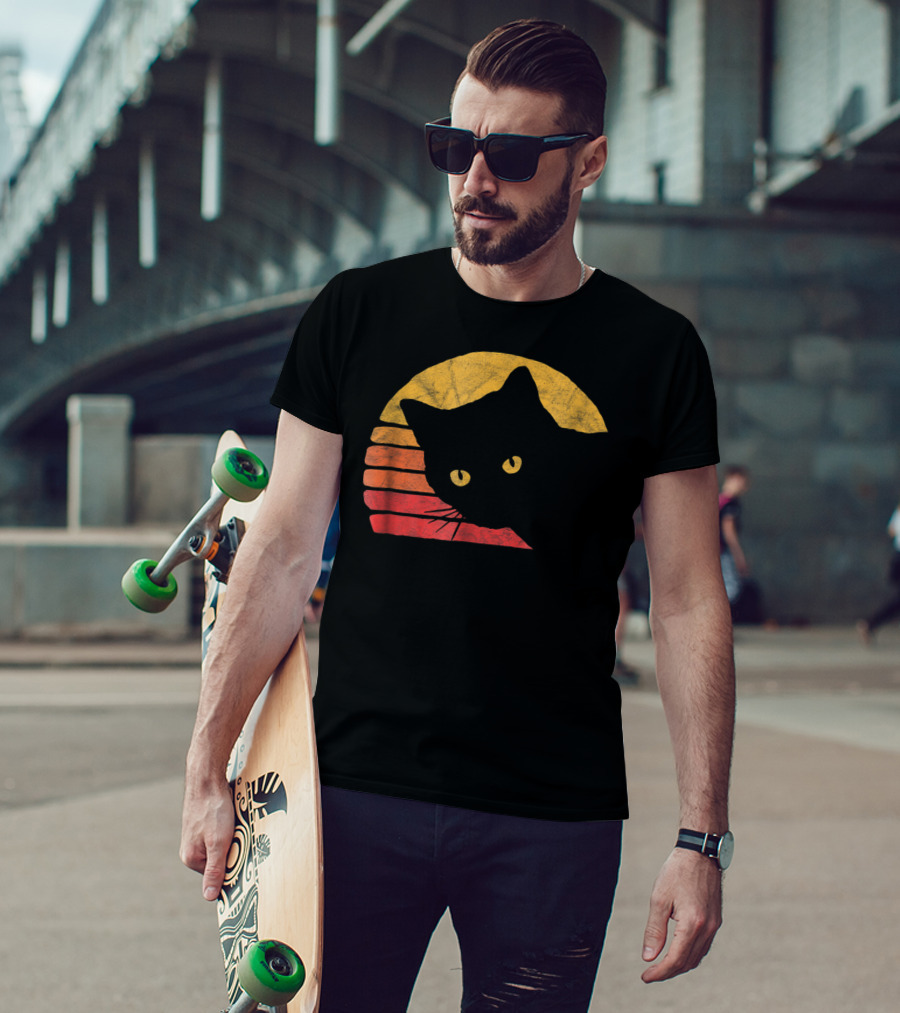 Vintage Eighties Style Cat Distressed Silhouette Retro Sunset T-Shirt