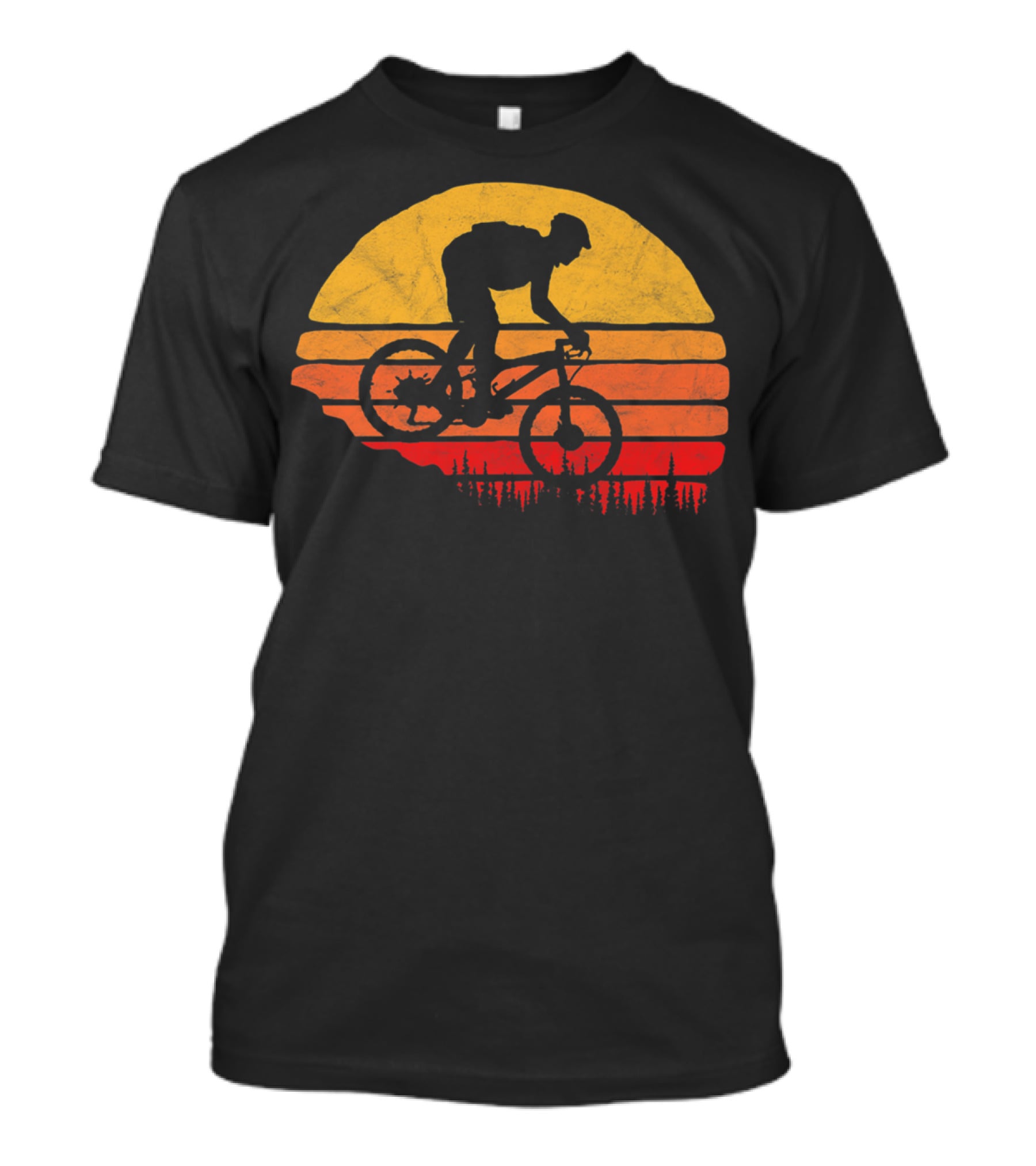 Vintage Mountain Biking Sunset Silhouette Forest Trail T-Shirt