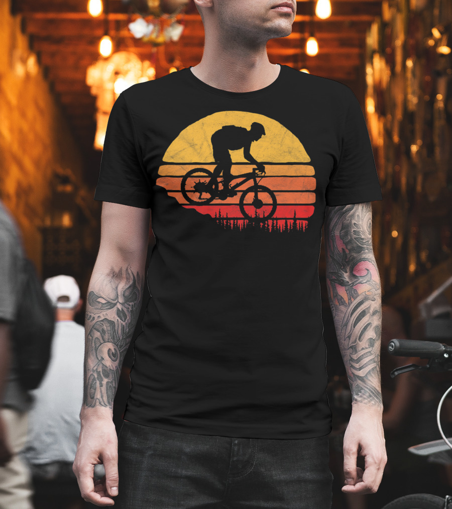 Vintage Mountain Biking Sunset Silhouette Forest Trail T-Shirt