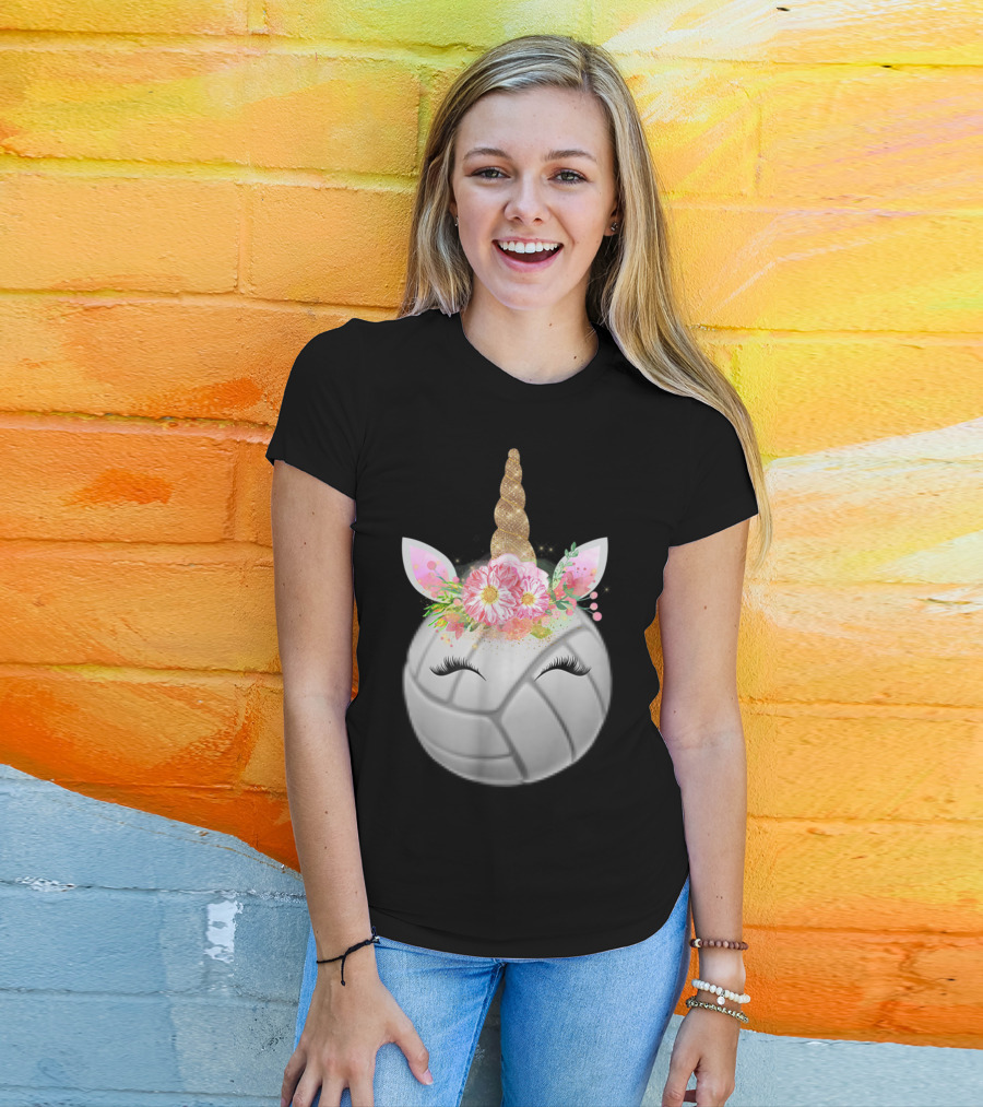 Volleyball Unicorn Funny Sport Love Girls Magical Flower Horn T-Shirt