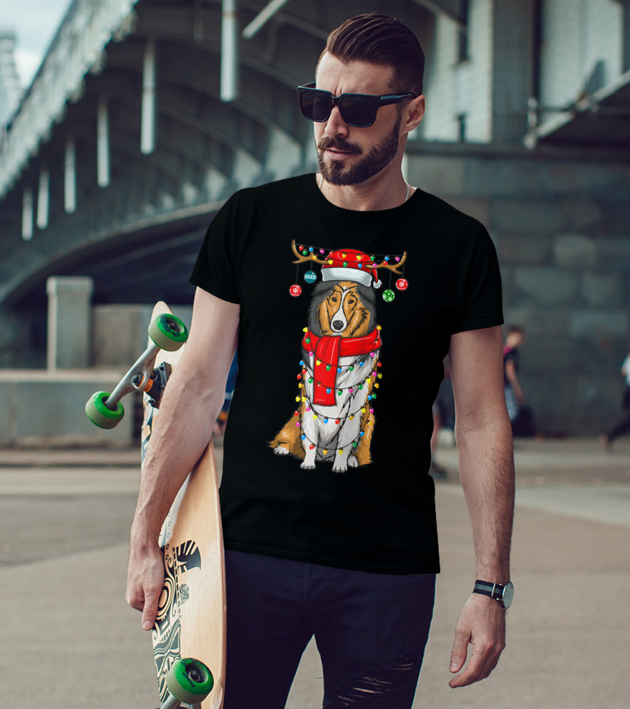 Christmas Cute Collie Dog Wrapped In Holiday Lights With Santa Hat And Antlers T-Shirt