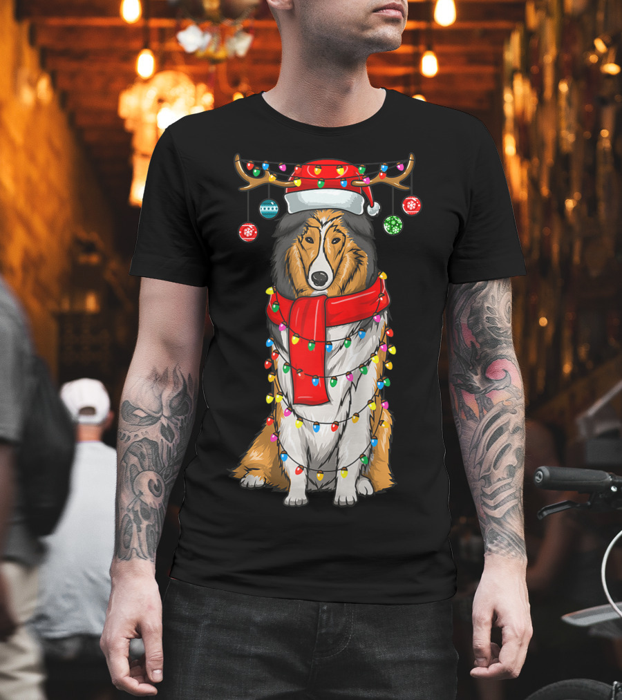 Christmas Cute Collie Dog Wrapped in Holiday Lights with Santa Hat and Antlers T-Shirt