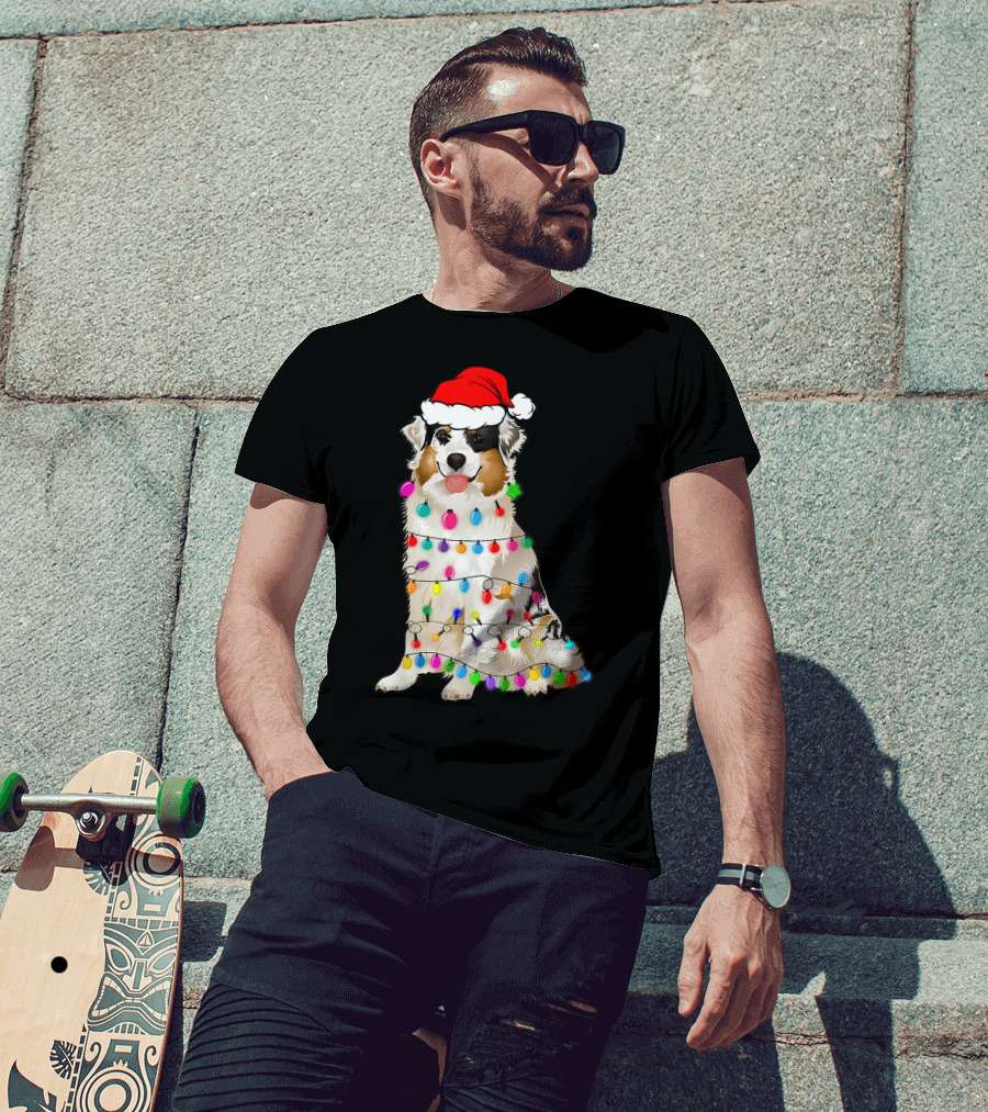 Australian Shepherd Wrapped In Christmas Lights With Santa Hat T-Shirt