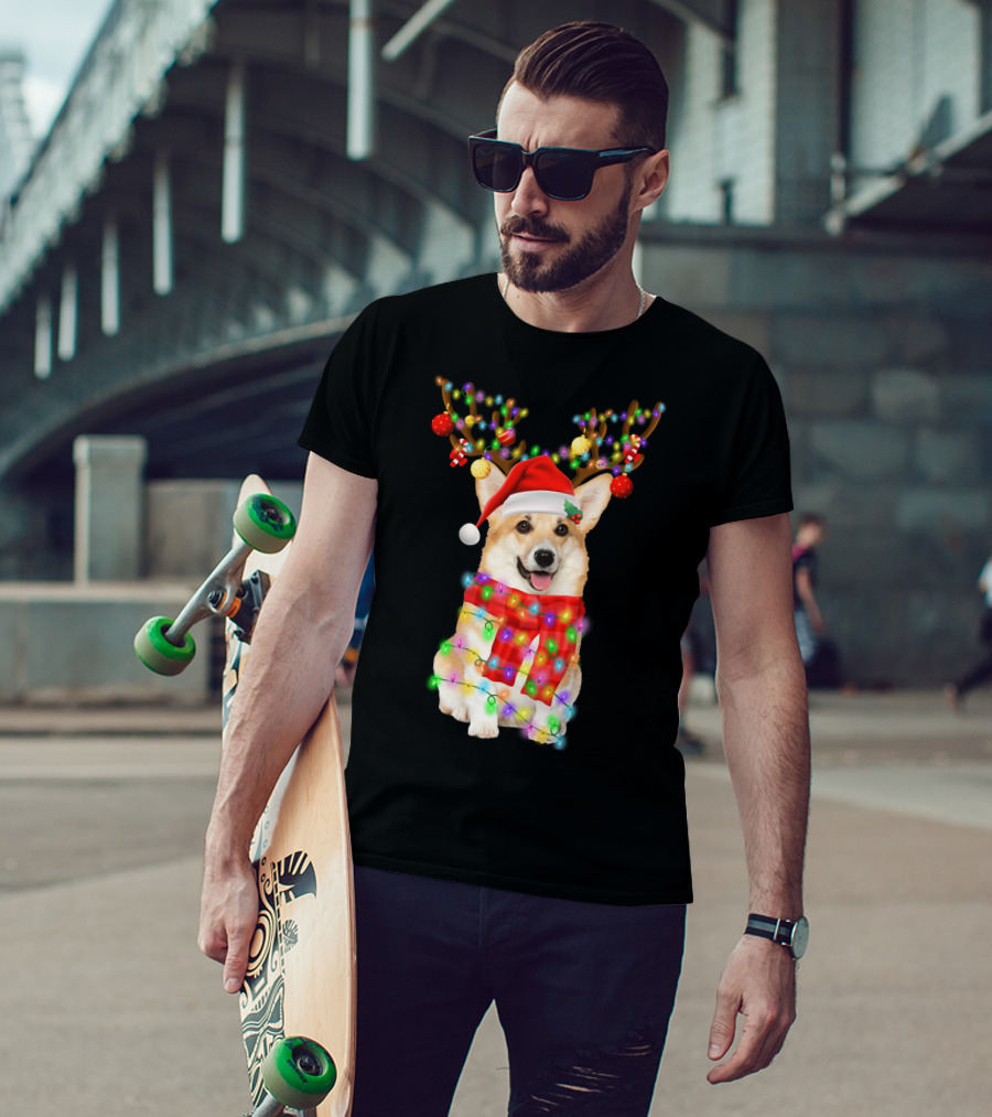 Funny Christmas Corgi Reindeer With Santa Hat And Festive Lights T-Shirt