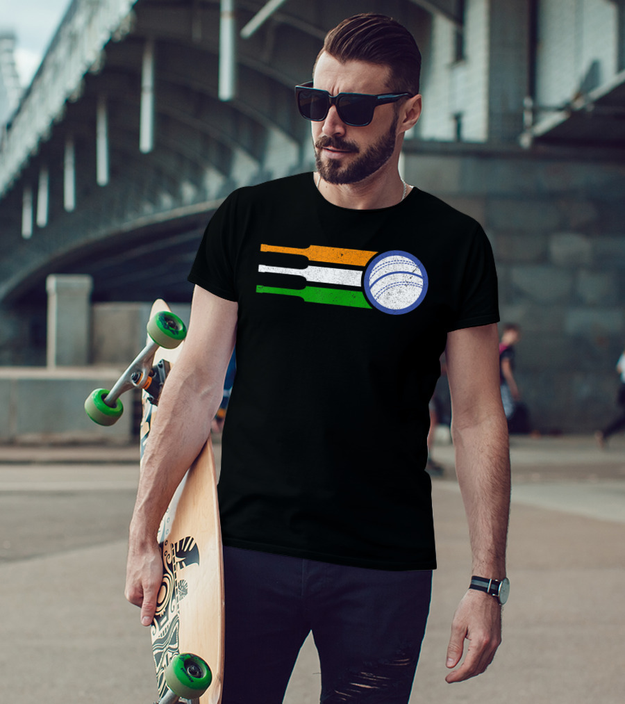 India Cricket Team Fan Flag With Cricket Ball And Tricolor T-Shirt