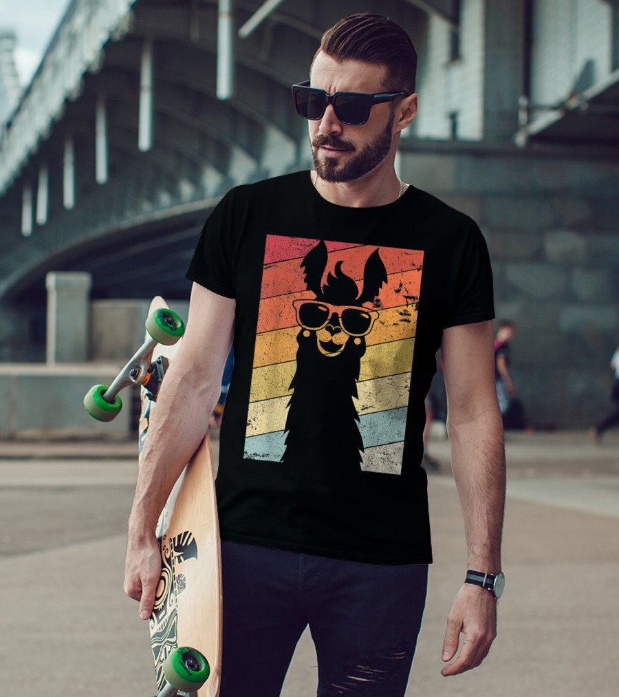 Retro Llama Style Alpaca With Sunglasses On Colorful Stripes T-Shirt