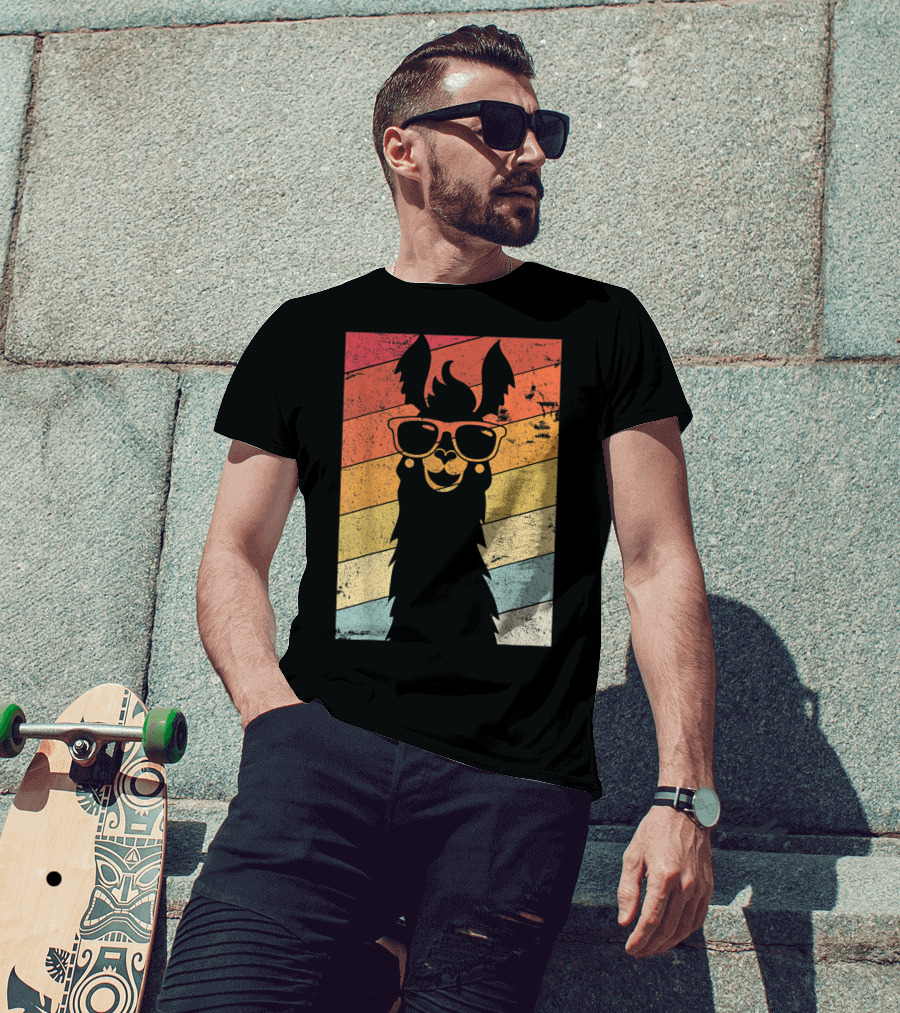 Retro Llama Style Alpaca With Sunglasses On Colorful Stripes T-Shirt