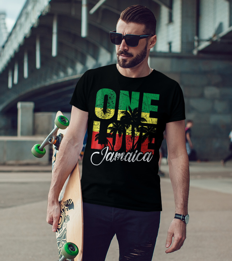 One Love Jamaica Caribbean Vacation Reggae Colors Palm Trees T-Shirt