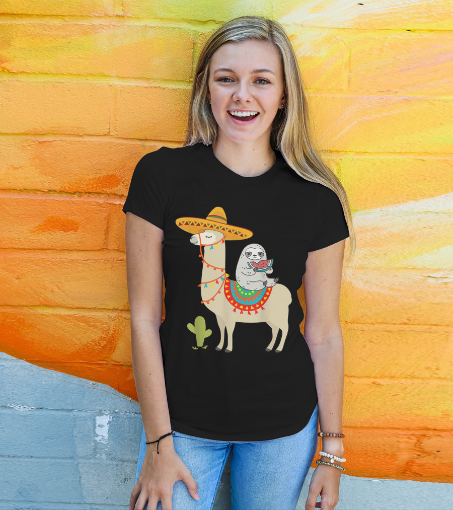 Cinco De Mayo Sloth Riding Llama Fiesta With Sombrero And Cactus T-Shirt