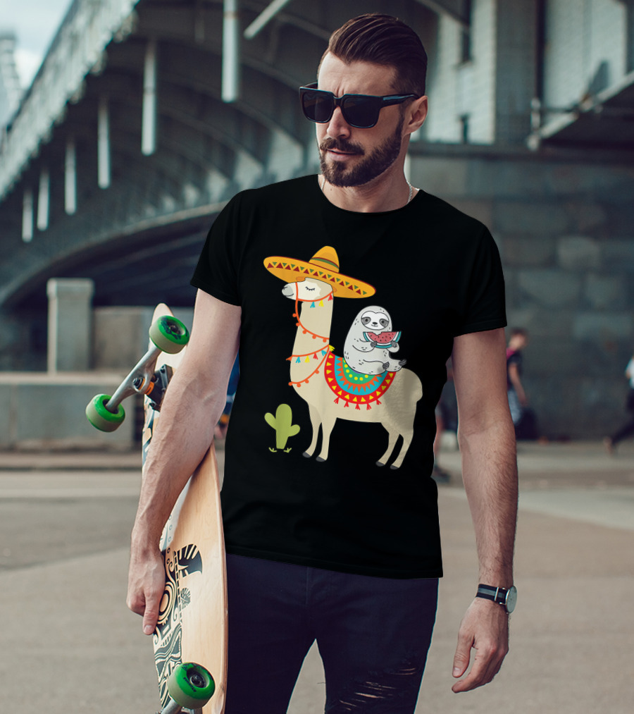 Cinco De Mayo Sloth Riding Llama Fiesta With Sombrero And Cactus T-Shirt