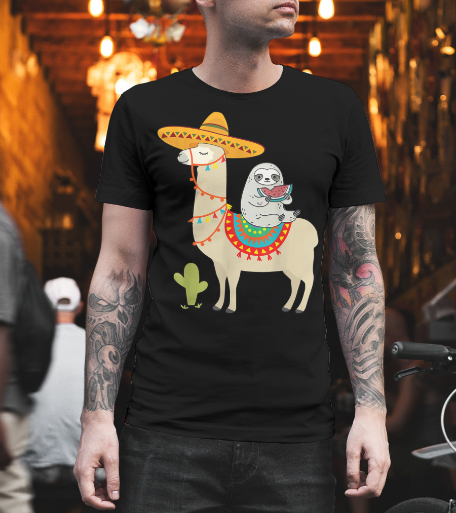 Cinco De Mayo Sloth Riding Llama Fiesta With Sombrero And Cactus T-Shirt