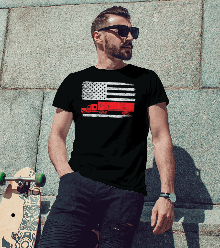USA Flag American Trucker Red Semi Truck T-Shirt