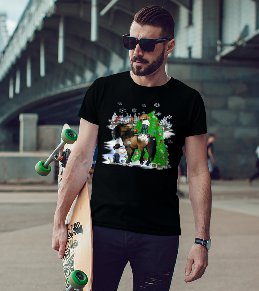 Holiday Cowboy Christmas Scene With Horse Snowflakes And Tree T-Shirt