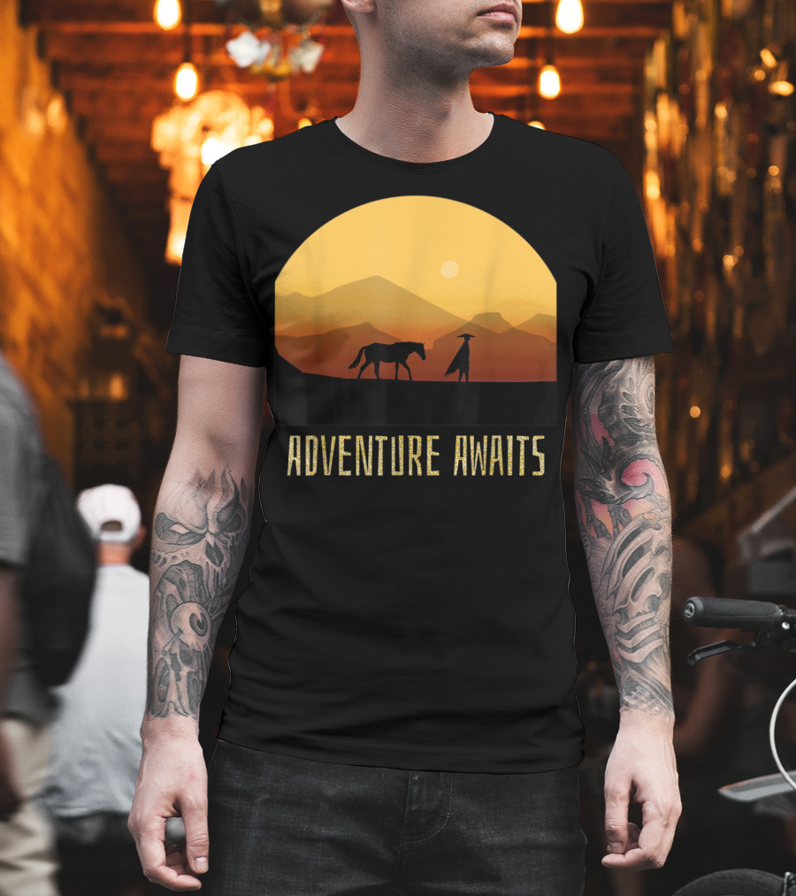 Adventure Awaits Sunset Man Horse Mountains T-Shirt