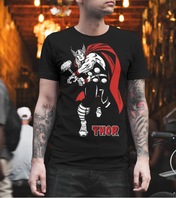 Marvel Comics Thor Mighty Hammer Swing Red Cape T-Shirt Marvel Comics Thor Mighty Hammer Swing Red Cape T-Shirt