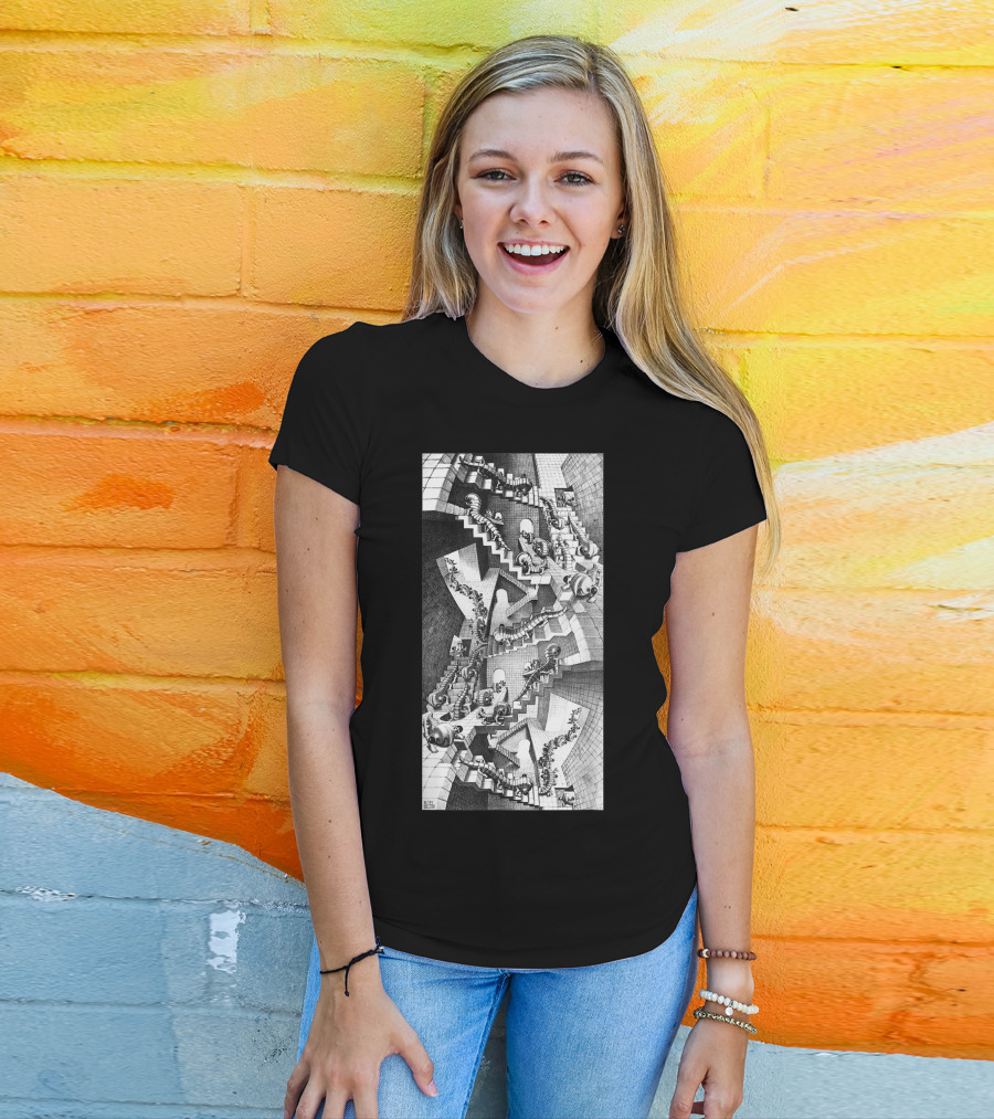 Escher Relativity Optical Illusion Staircase Maze In Three Colors T-Shirt