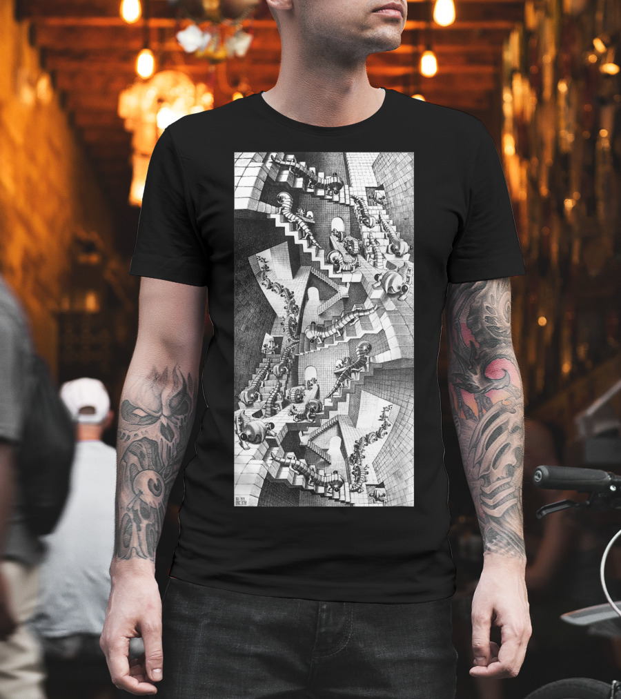 Escher Relativity Optical Illusion Staircase Maze In Three Colors T-Shirt