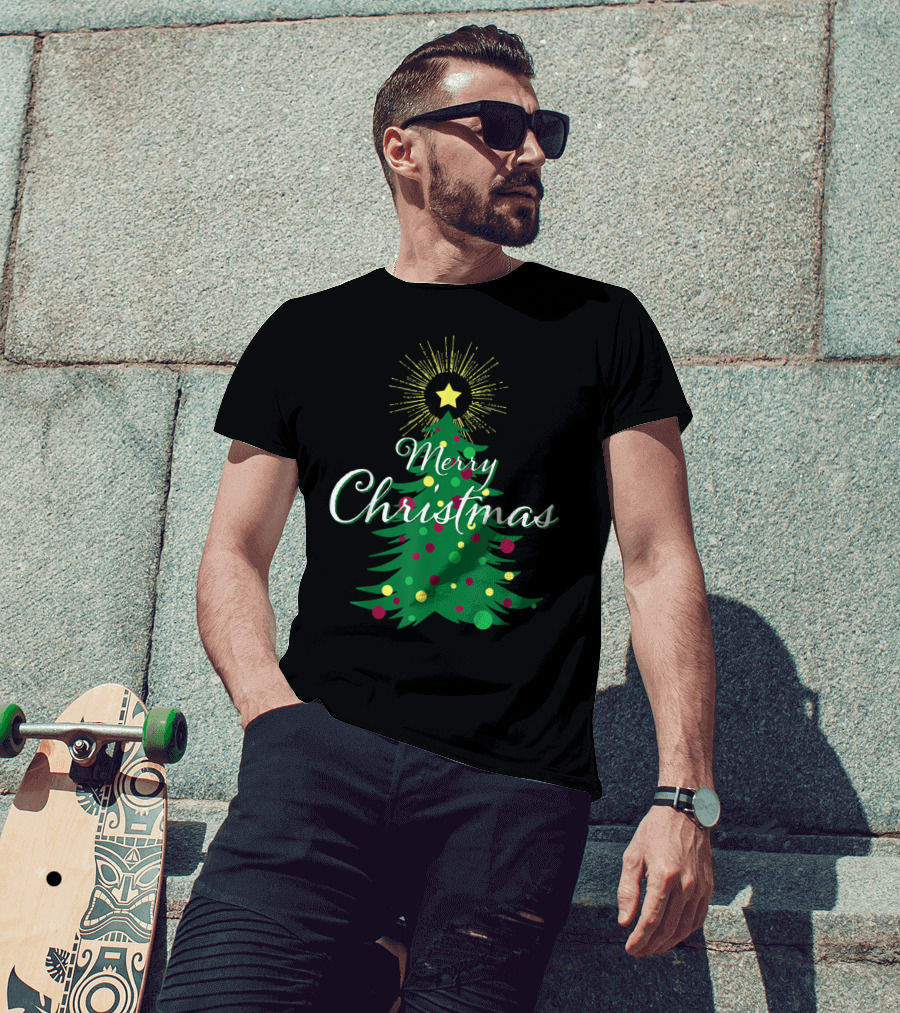 Merry Christmas Tree With Star And Colorful Ornaments For Family Party T-Shirt