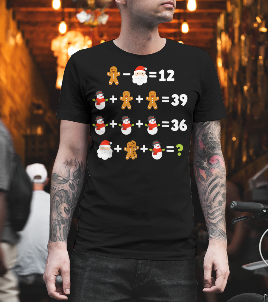 Gingerbread Santa Snowman Christmas Math Puzzle Equation Mystery T-Shirt