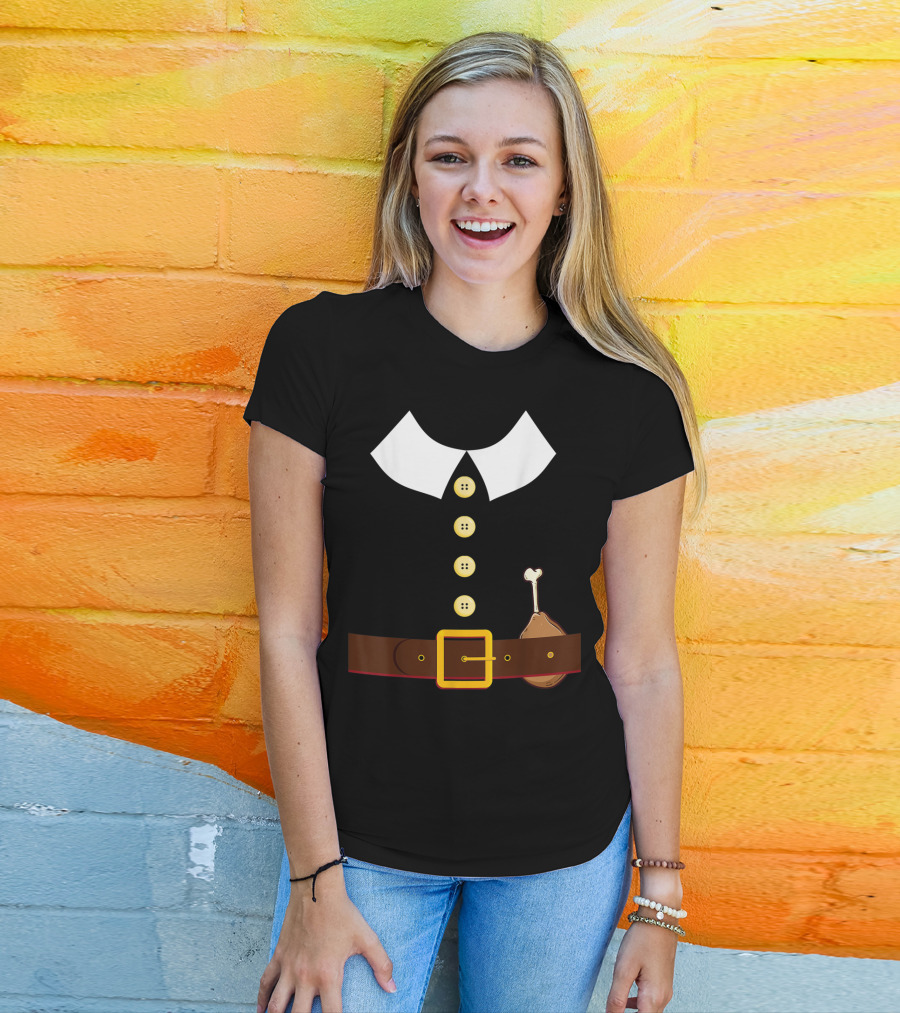 Pilgrim Costume Black Collar Buttons Belt Chicken Leg Colonist T-Shirt