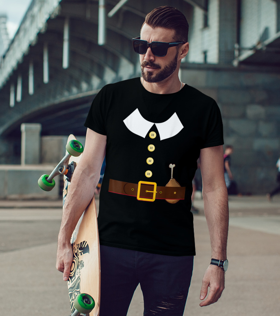 Pilgrim Costume Black Collar Buttons Belt Chicken Leg Colonist T-Shirt
