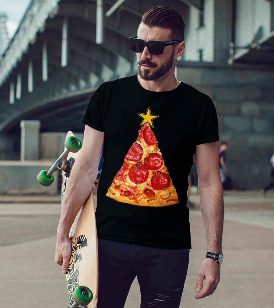 Pizza Slice Christmas Tree With Pepperoni Ornaments And Star Topper T-Shirt
