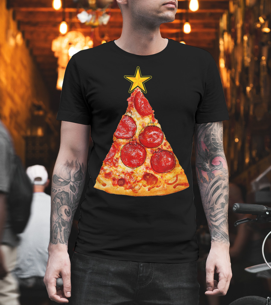 Pizza Slice Christmas Tree with Pepperoni Ornaments and Star Topper T-Shirt