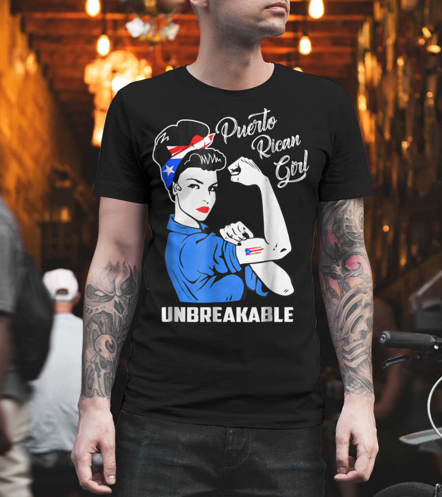 Puerto Rican Girl Unbreakable Rosie the Riveter Flag Tattoo Heritage T-Shirt