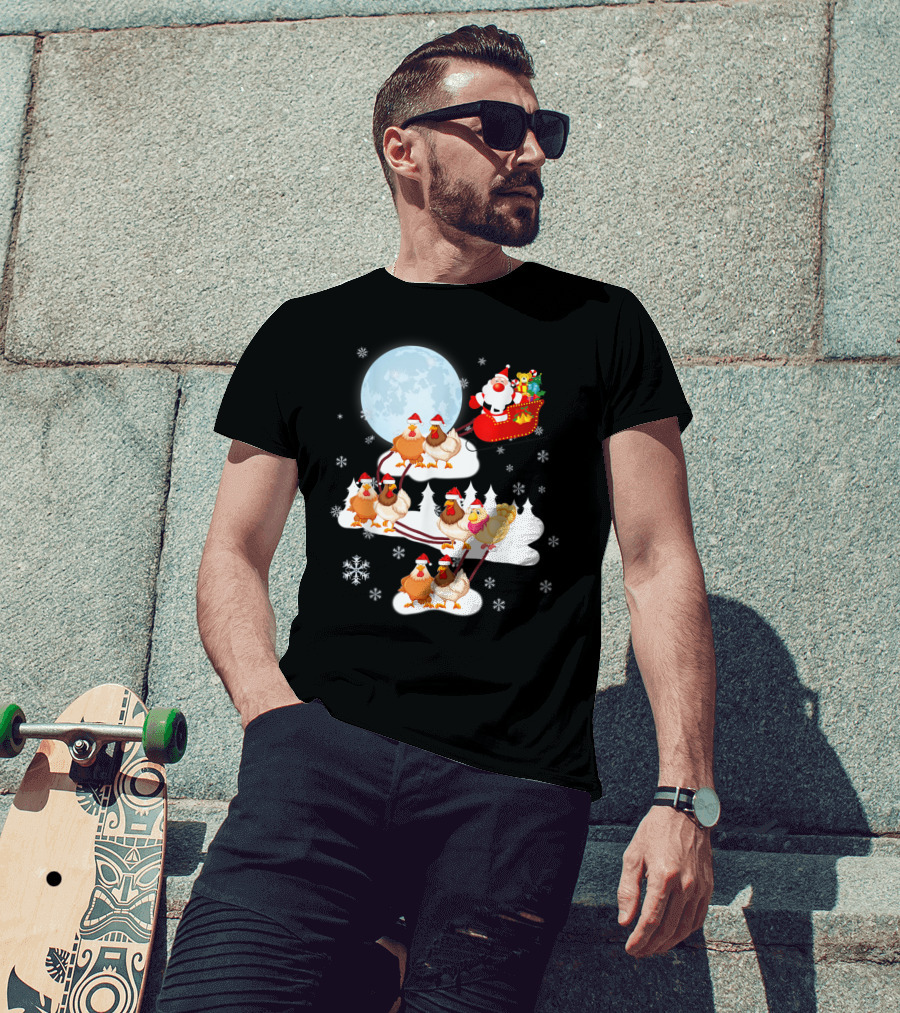 Santa Sleigh Sled Riding Chickens Full Moon Christmas Snowflakes T-Shirt