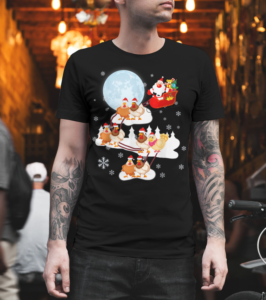 Santa Sleigh Sled Riding Chickens Full Moon Christmas Snowflakes T-Shirt