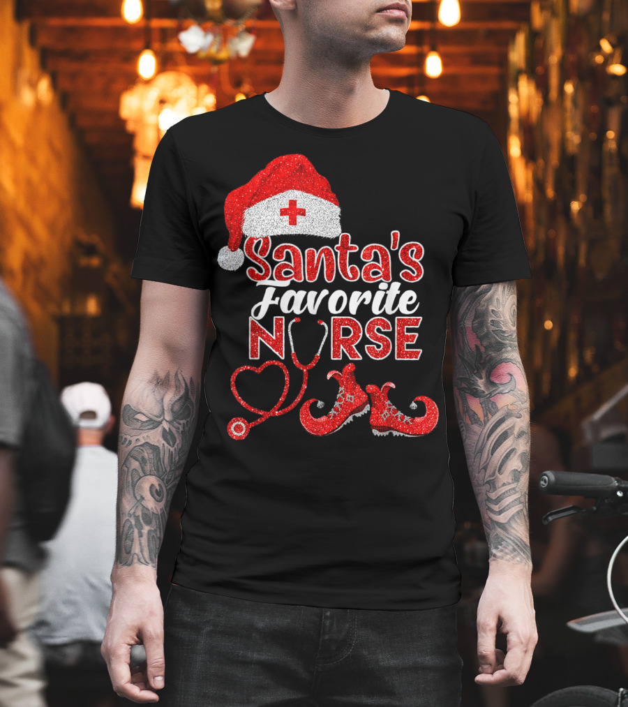 Santa's Favorite Nurse Heart Stethoscope Elf Shoes Merry Xmas Party T-Shirt