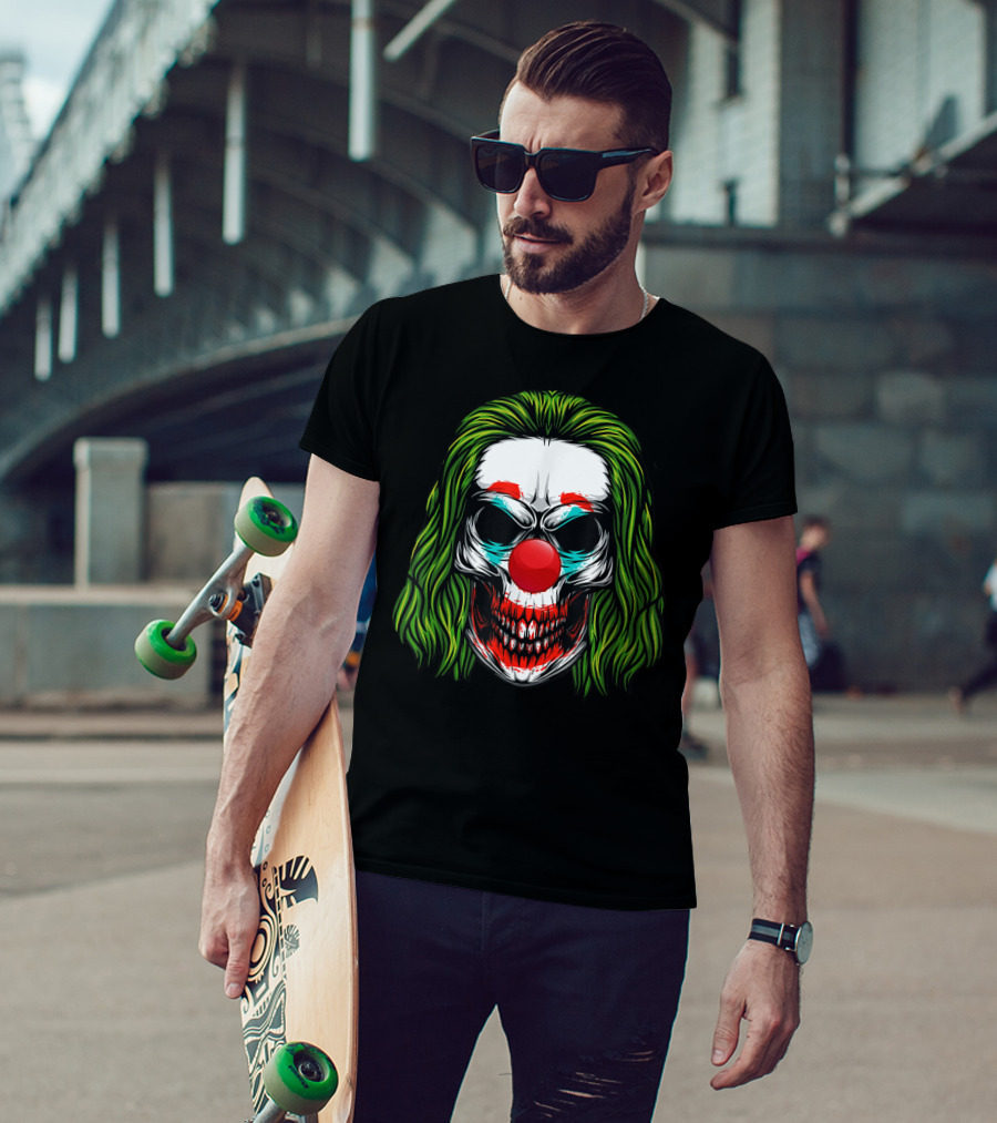 Scary Clown Skull Horror With Green Hair And Red Nose T-Shirt