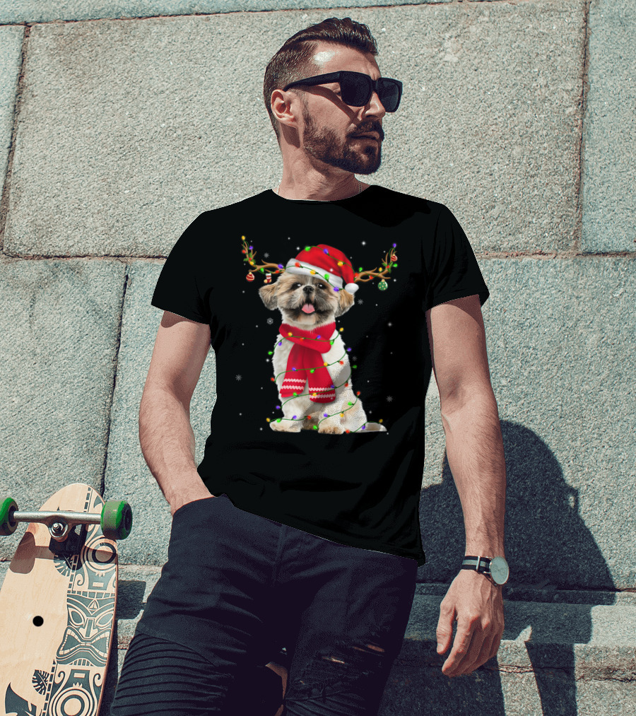 Shih Tzu Christmas Reindeer Antlers Red Scarf Santa Hat Festive Lights T-Shirt