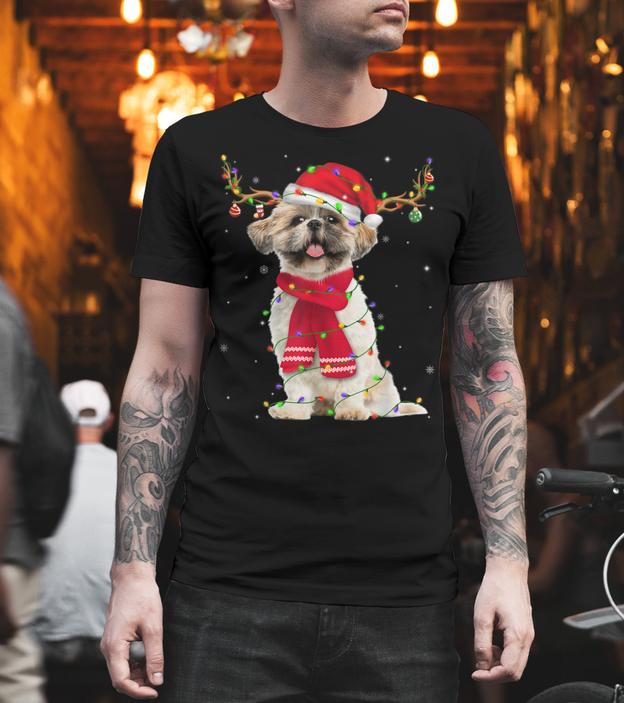 Shih Tzu Christmas Reindeer Antlers Red Scarf Santa Hat Festive Lights T-Shirt