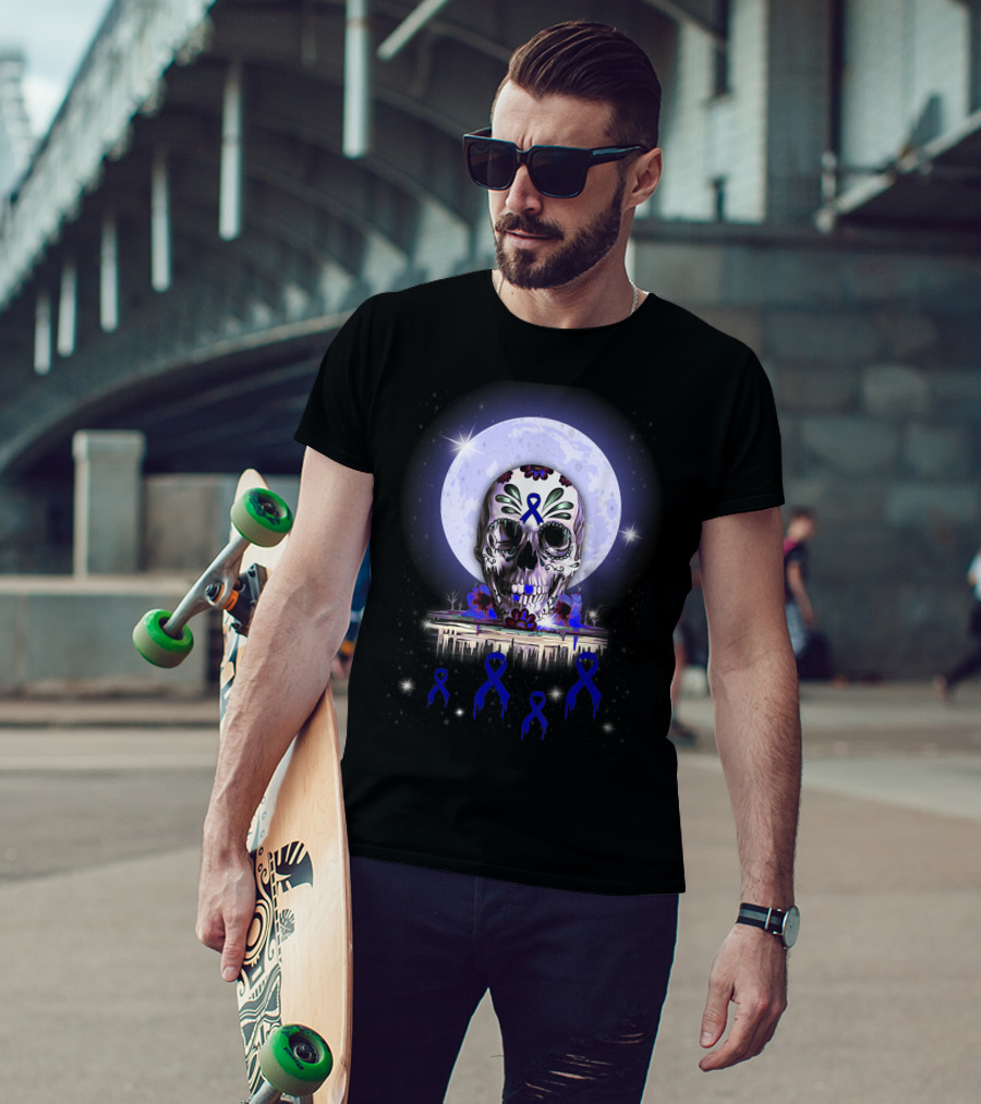 Skull With Floral Motifs And Blue Ribbon In Front Of Full Moon For Rectal Cancer Awareness T-Shirt