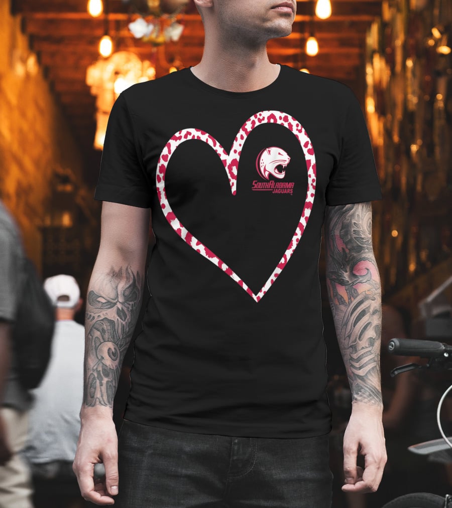 South Alabama Jaguars Leopard Print Heart T-Shirt
