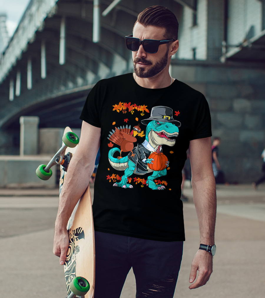 Thanksgiving Pilgrim T-Rex Dinosaur Dabbing Turkey With Pumpkin And Autumn Leaves T-Shirt