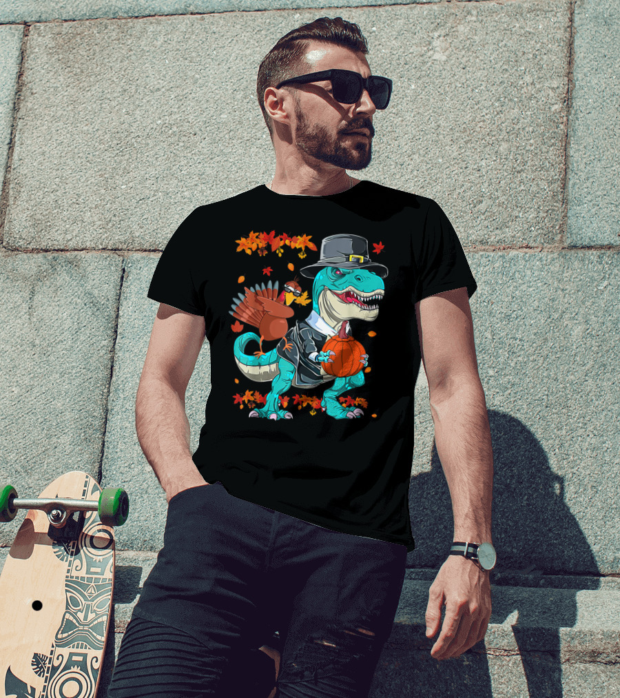 Thanksgiving Pilgrim T-Rex Dinosaur Dabbing Turkey With Pumpkin And Autumn Leaves T-Shirt