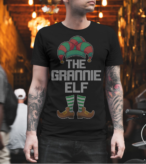 The Grannie Elf Holiday Festive Costume Jester Hat and Striped Socks T-Shirt The Grannie Elf Holiday Festive Costume Jester Hat and Striped Socks T-Shirt