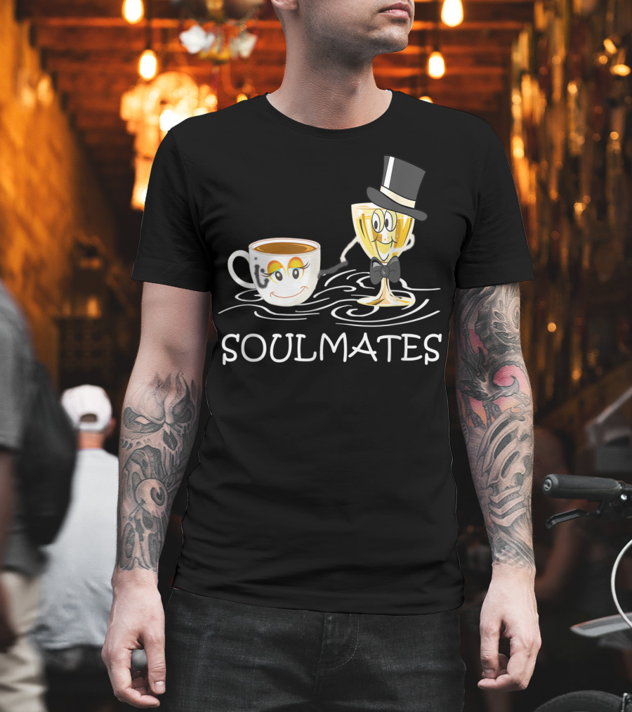 Funny Wine And Coffee Soulmates With Smiling Cup And Glass In Love T-Shirt