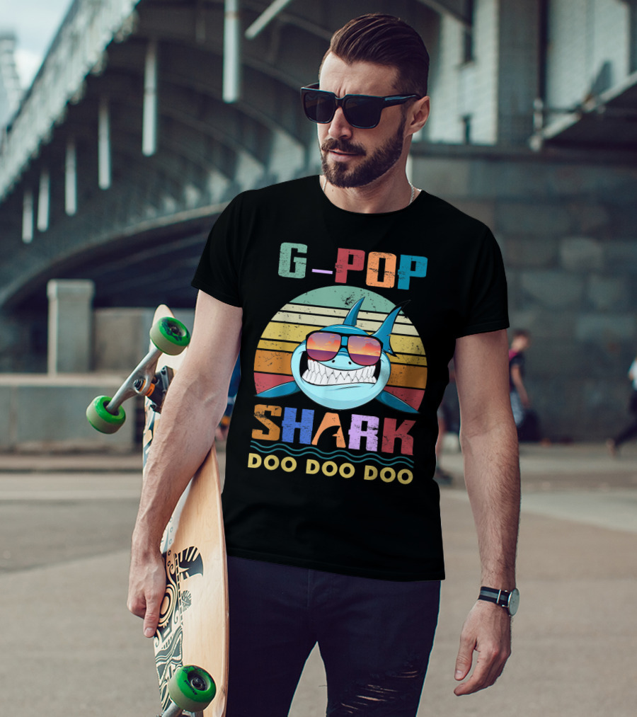 G Pop Shark Doo Doo Doo Retro Sunglasses Ocean Vintage Sunset T-Shirt