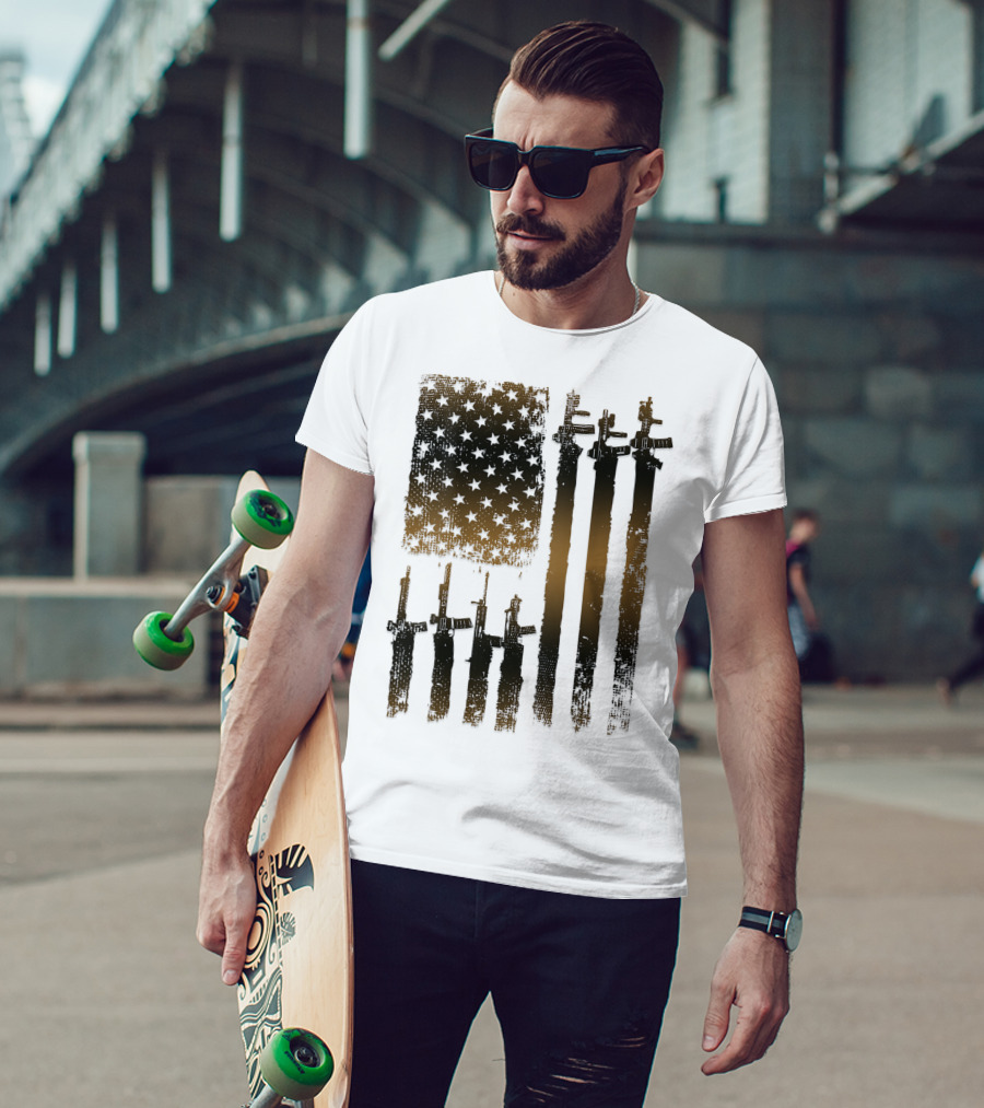 I Love Guns Black Rifle Coffee WomenBack American Flag Rifle T-Shirt